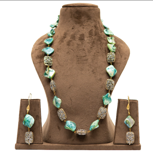 Aqua Green Stone Fusion Long Necklace Set